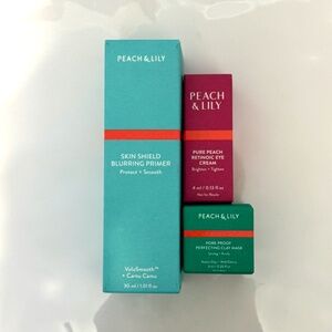 New 3pc Peach & Lily Full Sz Blurring Primer Travel Pore Clay Mask Retinol Eye